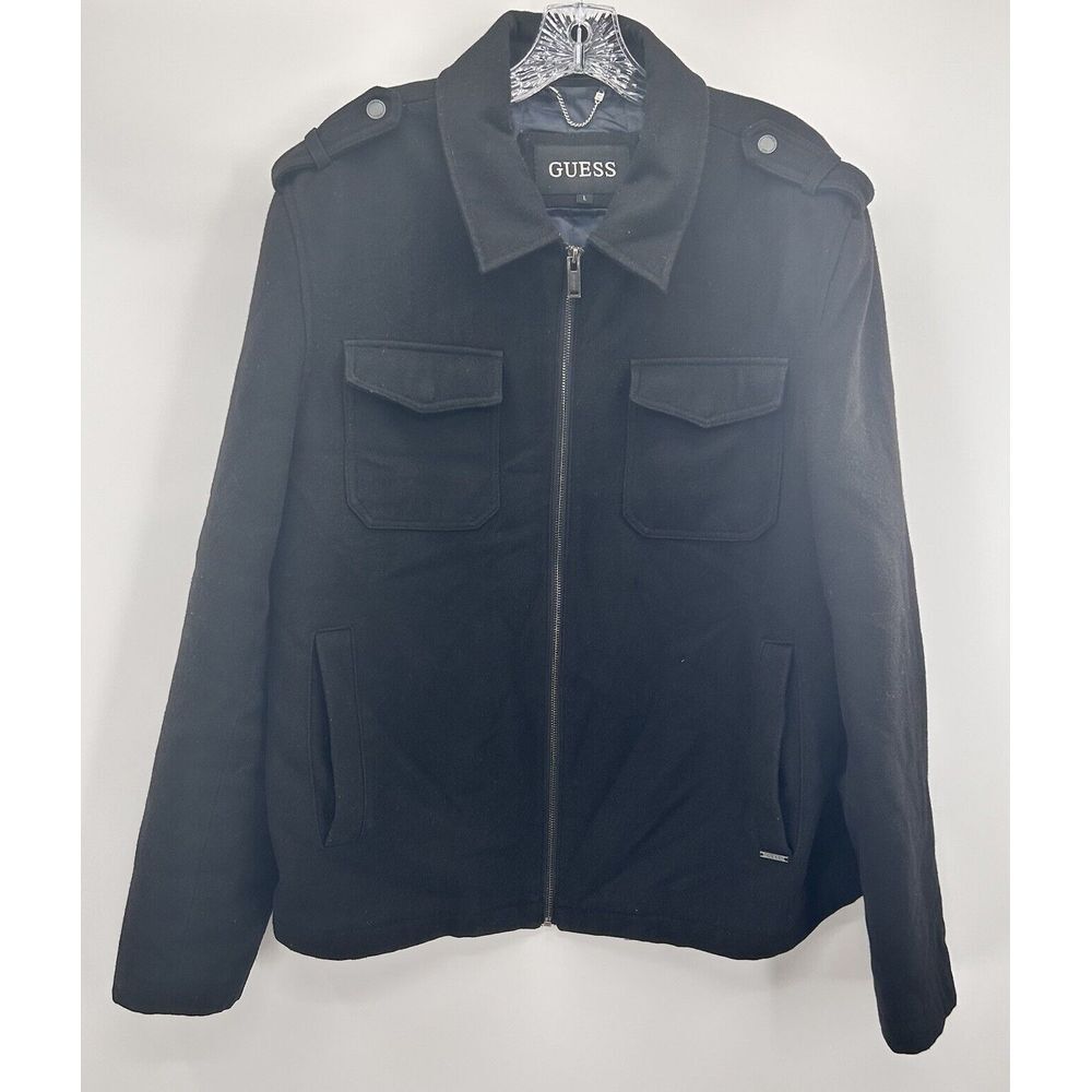 VINTAGE GUESS BLACK QUILTED WOOL BLEND‎ ZIP UP COLLARED JACKET/COAT SIZE LARGE